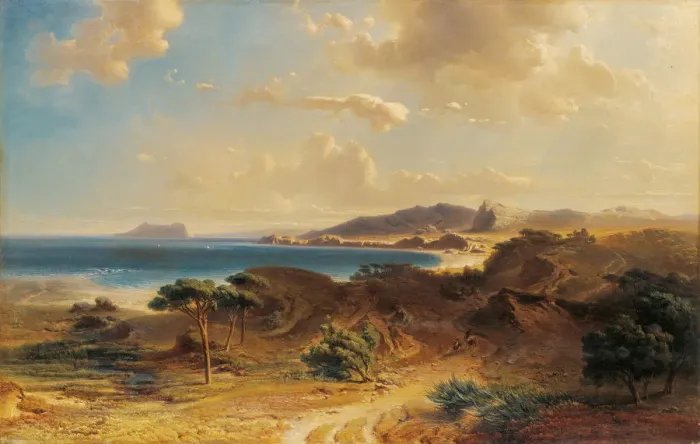 Framed Print : Beach at Estepona with a View of the Rock of Gibraltar. Artist: Bamberger, Fritz (Friedrich) (1814-1873) Framed Print : Beach at Estepona with a View of the Rock of Gibraltar. Artist: Bamberger, Fritz (Friedrich) (1814-1873)