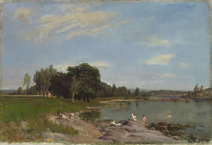 Framed Print : Beach landscape, bathing children, 1872. Creator: Berndt Lindholm