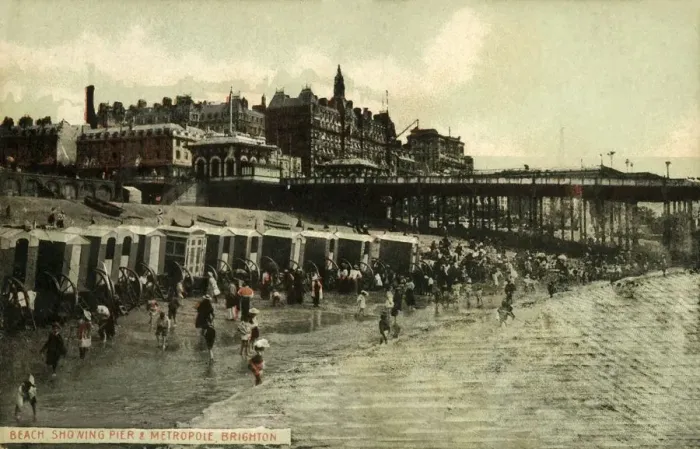 Framed Print : Beach Showing Pier & Metropole, Brighton, late 19th-early 20th century. Creator: Unknown Framed Print : Beach Showing Pier & Metropole, Brighton, late 19th-early 20th century. Creator: Unknown