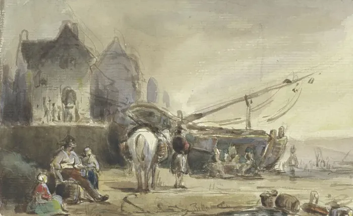 Framed Print : Beach view with boats and fishermen, 1832-1891. Creator: Herman Frederik Carel Ten Kate