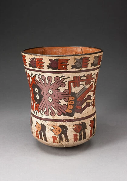 Beaker Depicting Costumed Ritual Performer with Abstract Trophy Heads, 180 B. C.  /  A. D. 500
