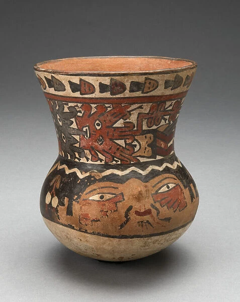 Beaker Depicting Human Head and Abstract Costumed Figures, 180 B. C.  /  A. D. 500