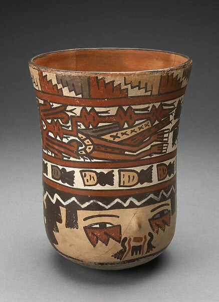 Beaker Depicting Human Head with Face Painting; and Abstract Costumed Figures, 180 B. C.  /  A