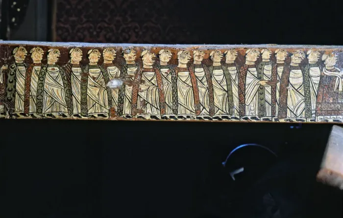 Framed Print : Beam of the Cruilles canopy, tempera on wood, detail of decoration with monks Framed Print : Beam of the Cruilles canopy, tempera on wood, detail of decoration with monks