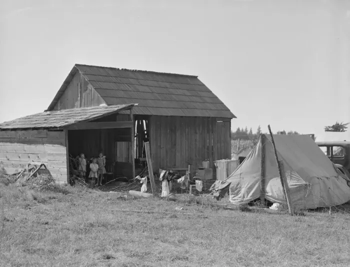 Framed Print : Bean pickers camp in growers yard - no running... near West Stayton, Marion County, Oregon, 1939. Creator: Dorothea Lange Framed Print : Bean pickers camp in growers yard - no running... near West Stayton, Marion County, Oregon, 1939. Creator: Dorothea Lange