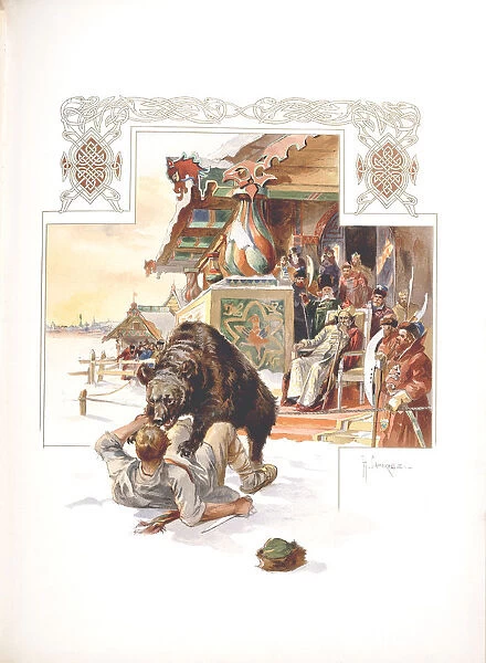 Bear baiting. Illustration for The Grand Ducal, Tsarist and Imperial Hunting in Russia by N. Kutepov Artist: Samokish, Nikolai Semyonovich (1860-1944)