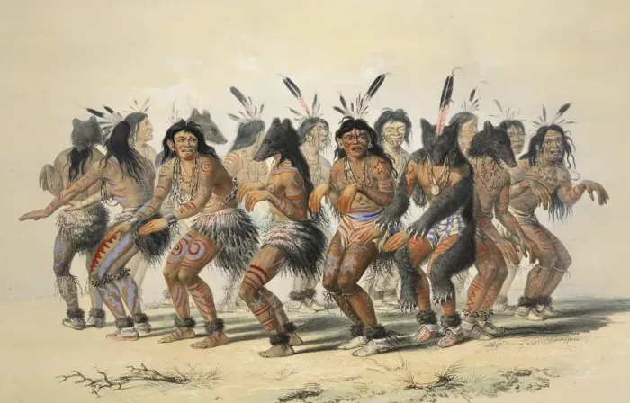 Framed Print : The Bear Dance (detail), pub. 1845 (colour lithograph). Creator: George Catlin (1796 - 1872) Framed Print : The Bear Dance (detail), pub. 1845 (colour lithograph). Creator: George Catlin (1796 - 1872)