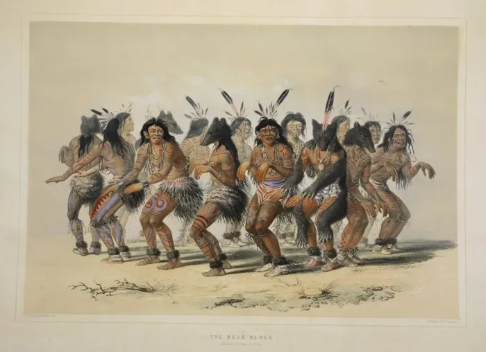 Framed Print : The Bear Dance, pub. 1845 (colour lithograph). Creator: George Catlin (1796 - 1872) Framed Print : The Bear Dance, pub. 1845 (colour lithograph). Creator: George Catlin (1796 - 1872)