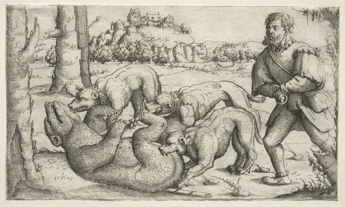 Framed Print : A Bear Hunt, 1569. Creator: Augustin Hirschvogel (German, 1503-1553) Framed Print : A Bear Hunt, 1569. Creator: Augustin Hirschvogel (German, 1503-1553)