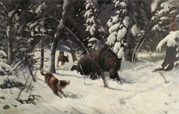 Framed Print : The Bear Hunt. Artist: Pryanishnikov, Illarion Mikhailovich (1840-1894) Framed Print : The Bear Hunt. Artist: Pryanishnikov, Illarion Mikhailovich (1840-1894)