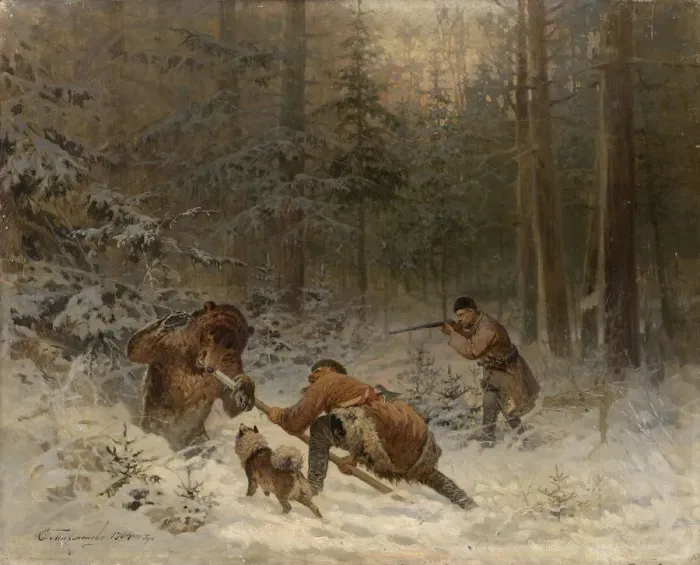 Framed Print : Bear Hunt. Artist: Tichmenev, Evgeny Alexandrovich (1869-1934) Framed Print : Bear Hunt. Artist: Tichmenev, Evgeny Alexandrovich (1869-1934)