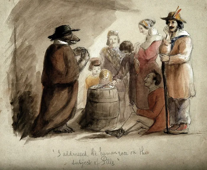 Framed Print : A bear wearing a hat and a cloak, selling pills to a group of country folk in Leipzig. Creator: John Frederick Tayler Framed Print : A bear wearing a hat and a cloak, selling pills to a group of country folk in Leipzig. Creator: John Frederick Tayler