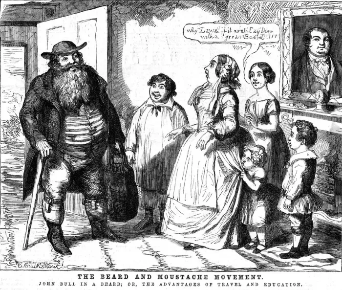 Framed Print : The Beard and Moustache Movement, 1854. Artist: George Cruikshank Framed Print : The Beard and Moustache Movement, 1854. Artist: George Cruikshank