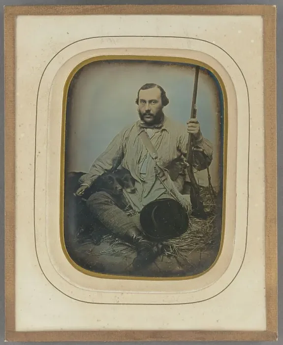 Framed Print : Bearded Hunter with gun and two dogs, about 1850. Creator: Unknown Framed Print : Bearded Hunter with gun and two dogs, about 1850. Creator: Unknown