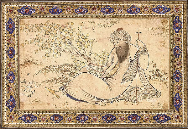 Bearded Man Reading in a Landscape, Dated AH 1045 /  AD 1635. Creator: Mu'in Musavvir