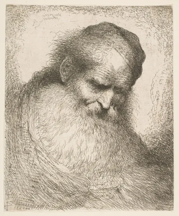 Framed Print : A bearded man wearing a cap looking down to the right, from the series Heads in Or Framed Print : A bearded man wearing a cap looking down to the right, from the series Heads in Or