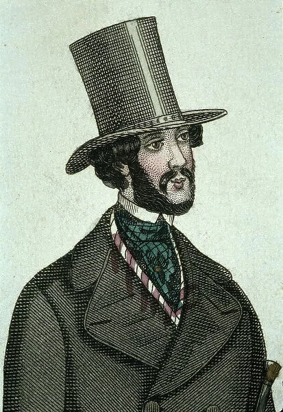 Bearded man wearing tall hat and coat with wide lapels, 1843. Creator: Unknown