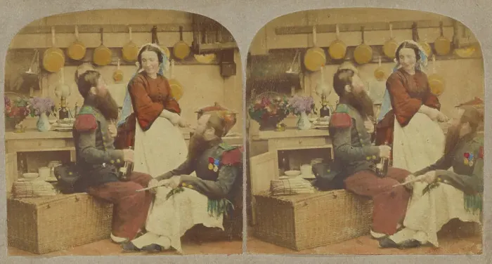 Framed Print : Two bearded men in a kitchen, with a woman who is probably the cook, about 1860. Creator: Unknown Framed Print : Two bearded men in a kitchen, with a woman who is probably the cook, about 1860. Creator: Unknown