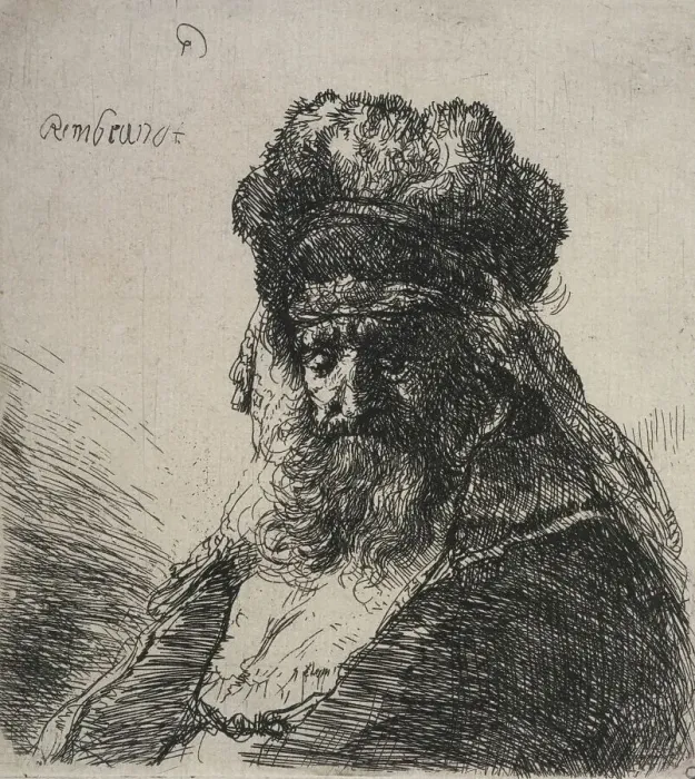 Framed Print : Bearded old man in a high fur cap, with eyes closed, c.1635. Creator: Rembrandt Harmensz van Rijn Framed Print : Bearded old man in a high fur cap, with eyes closed, c.1635. Creator: Rembrandt Harmensz van Rijn