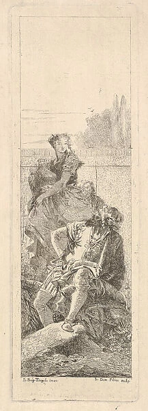 A bearded, seated man looks over his right shoulder toward a child and woman bearin