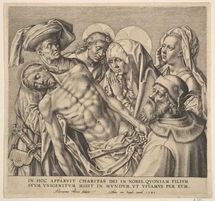 Framed Print : Bearing the Body of Christ, 1586. Creator: Hieronymous Wierix Framed Print : Bearing the Body of Christ, 1586. Creator: Hieronymous Wierix