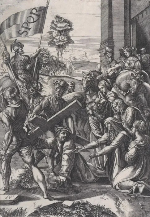 Framed Print : The Bearing of the Cross, 1517. Creator: Agostino Veneziano Framed Print : The Bearing of the Cross, 1517. Creator: Agostino Veneziano