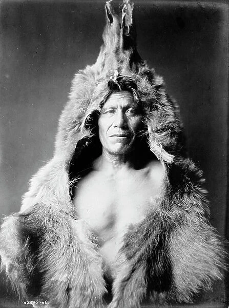 Bear's Belly, Arikara Indian half-length portrait, facing front, wearing bearskin, c1908. Creator: Edward Sheriff Curtis