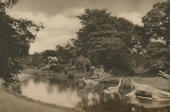 Framed Print : Where the Beasts of Prehistory Lurk By the Lake in the Palace Grounds, c1935. Creator: Unknown Framed Print : Where the Beasts of Prehistory Lurk By the Lake in the Palace Grounds, c1935. Creator: Unknown