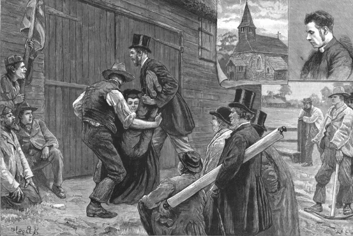 Framed Print : Beating the Bounderies; Bumping the Vicar against a Barn Door, Bisley, Woking Surrey, 1888. Creator: Unknown Framed Print : Beating the Bounderies; Bumping the Vicar against a Barn Door, Bisley, Woking Surrey, 1888. Creator: Unknown