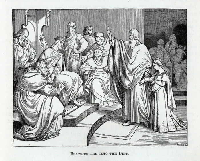 Framed Print : Beatrice led into the Diet, 1882. Artist: Oertel, Kaspar (1840-?) Framed Print : Beatrice led into the Diet, 1882. Artist: Oertel, Kaspar (1840-?)