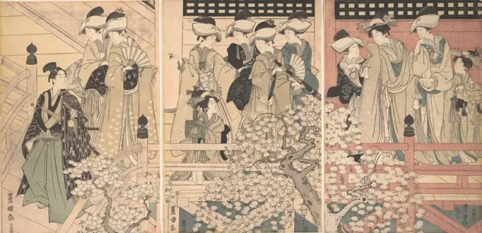 Framed Print : Beauties on a Veranda among Cherry Blossoms from which a Samurai is Departing, ca. 1800 Framed Print : Beauties on a Veranda among Cherry Blossoms from which a Samurai is Departing, ca. 1800