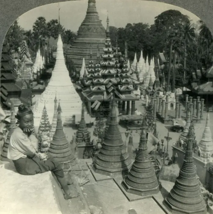 Framed Print : Beautiful and Varied Pagoda Shrines of Shwe Dagon, Rangoon, Burma, c1930s. Creator: Unknown Framed Print : Beautiful and Varied Pagoda Shrines of Shwe Dagon, Rangoon, Burma, c1930s. Creator: Unknown