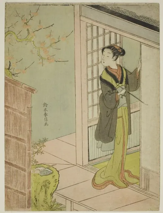 Framed Print : Beauty Admiring a Bush Warbler Singing in a Plum Tree, c. 1767 / 68 Framed Print : Beauty Admiring a Bush Warbler Singing in a Plum Tree, c. 1767 / 68