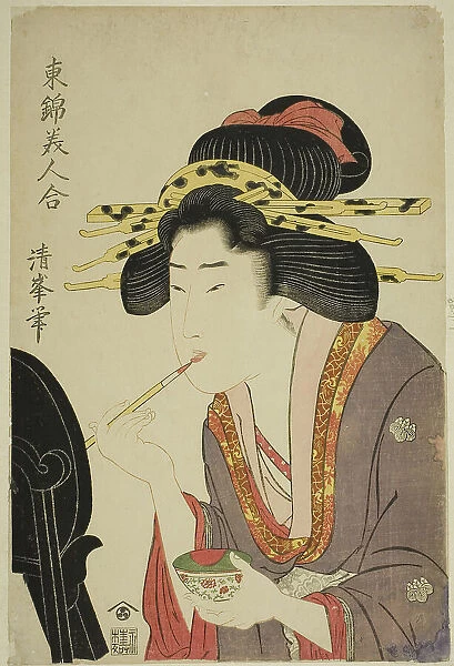 Beauty applying rouge, from the series 'Comaprison of Beauties in Eastern Brocade...c. 1804 / 10. Creator: Torii Kiyomitsu II. Beauty applying rouge, from the series 'Comaprison of Beauties in Eastern Brocade...c. 1804 / 10