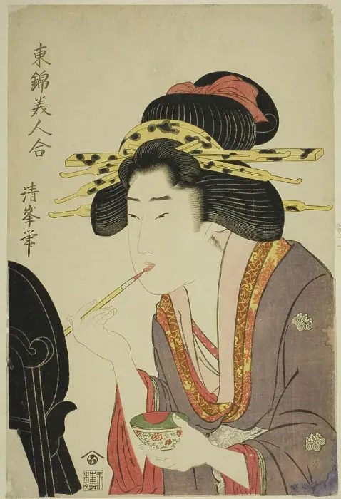 Framed Print : Beauty applying rouge, from the series Comaprison of Beauties in Eastern Brocade...c. 1804 / 10. Creator: Torii Kiyomitsu II. Beauty applying rouge, from the series Comaprison of Beauties in Eastern Brocade...c. 1804 / 10 Framed Print : Beauty applying rouge, from the series Comaprison of Beauties in Eastern Brocade...c. 1804 / 10. Creator: Torii Kiyomitsu II. Beauty applying rouge, from the series Comaprison of Beauties in Eastern Brocade...c. 1804 / 10