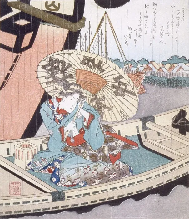Framed Print : Beauty in a Boat during a Rainstorm, c1804. Creator: Totoya Hokkei Framed Print : Beauty in a Boat during a Rainstorm, c1804. Creator: Totoya Hokkei