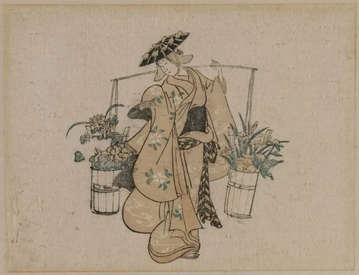 Framed Print : A Beauty Carrying Two Buckets of Flowers, c. 1696-1716. Creator: Torii Kiyomasu (Japanese) Framed Print : A Beauty Carrying Two Buckets of Flowers, c. 1696-1716. Creator: Torii Kiyomasu (Japanese)