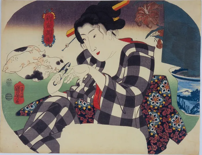 Framed Print : Beauty cutting her nails. From the Series 'The Universe of Women' (Shinramanzo), c1842-1845. Creator: Kuniyoshi, Utagawa (1797-1861) Framed Print : Beauty cutting her nails. From the Series 'The Universe of Women' (Shinramanzo), c1842-1845. Creator: Kuniyoshi, Utagawa (1797-1861)