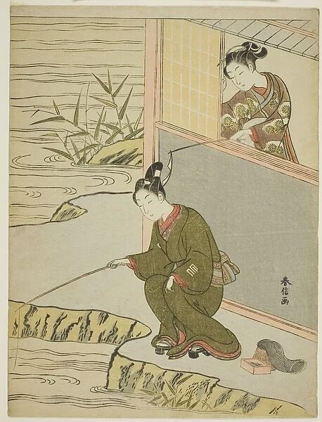 Beauty Teasing a Young Man Fshing, c. 1768. Creator: Suzuki Harunobu