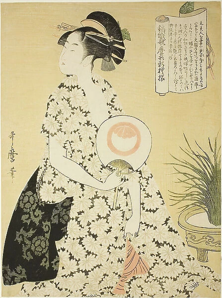 Beauty Wearing a Summer Kimono, from the series 'New Patterns of Brocade Woven in... c. 1796 / 98. Creator: Kitagawa Utamaro. Beauty Wearing a Summer Kimono, from the series 'New Patterns of Brocade Woven in... c. 1796 / 98
