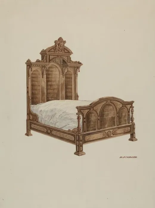 Framed Print : Bed, Burl Walnut, c. 1939. Creator: Randolph F Miller Framed Print : Bed, Burl Walnut, c. 1939. Creator: Randolph F Miller