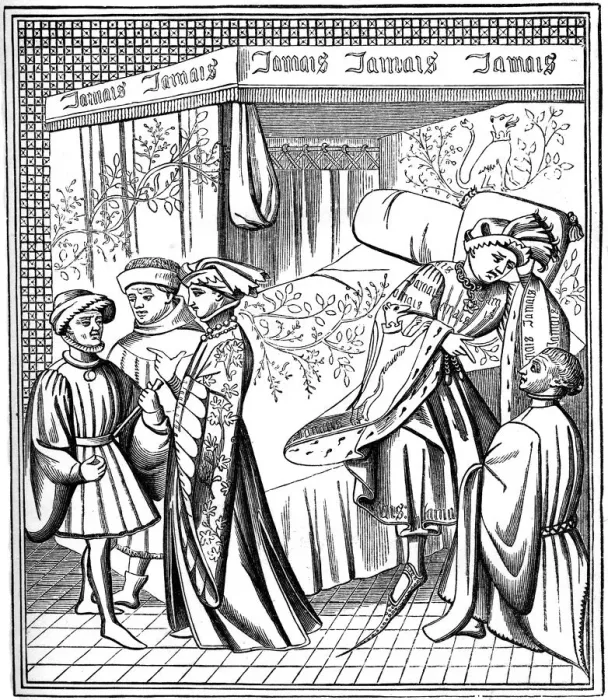 Framed Print : A bed furnished with a canopy and curtains, late 14th century, (1870) Framed Print : A bed furnished with a canopy and curtains, late 14th century, (1870)