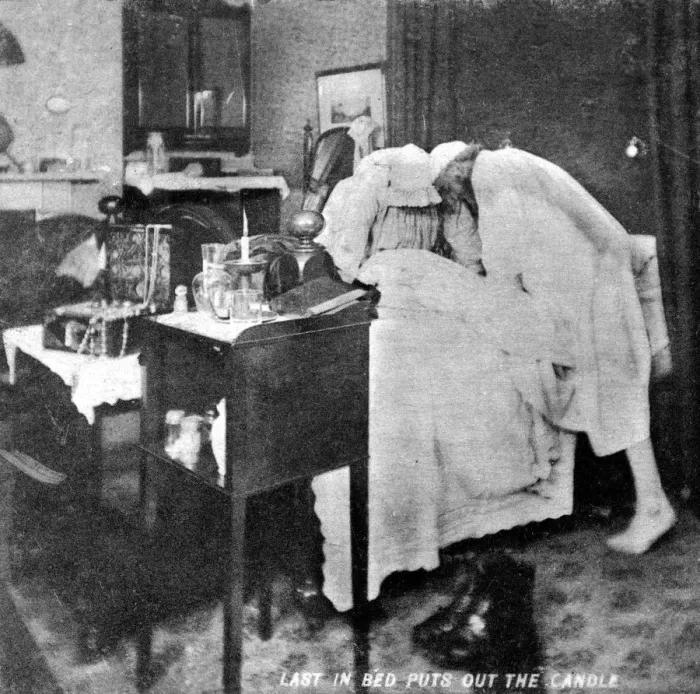 Framed Print : Last in bed puts out the candle, late 19th century Framed Print : Last in bed puts out the candle, late 19th century