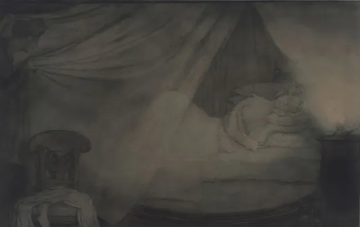 Framed Print : In the bed-room. Illustration for the poem Count Nulin by A. Pushkin. Artist: Somov, Konstantin Andreyevich (1869-1939)