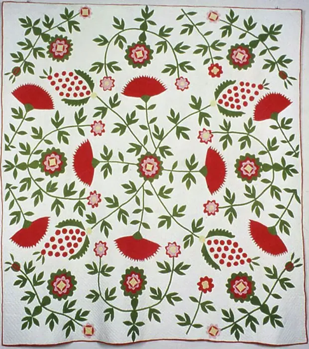 Framed Print : Bedcover (Cockscomb, Rose Tree and Pineapple Quilt), United States, c. 1840. Creator: Unknown Framed Print : Bedcover (Cockscomb, Rose Tree and Pineapple Quilt), United States, c. 1840. Creator: Unknown