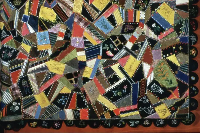 Framed Print : Bedcover (Crazy Quilt), Massachusetts, 1887 / 88. Creator: Unknown Framed Print : Bedcover (Crazy Quilt), Massachusetts, 1887 / 88. Creator: Unknown