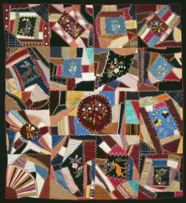 Framed Print : Bedcover (Crazy Quilt), United States, 1885. Creator: Unknown Framed Print : Bedcover (Crazy Quilt), United States, 1885. Creator: Unknown