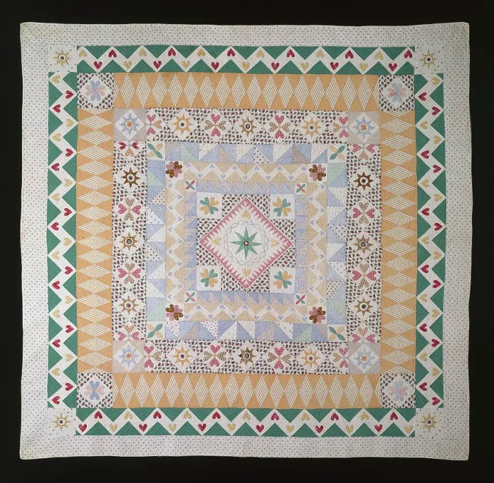 Framed Print : Bedcover Entitled Wedding Sampler, New Hampshire, c. 1840 / 50. Creator: Unknown. Bedcover Entitled Wedding Sampler, New Hampshire, c. 1840 / 50. Creator: Unknown