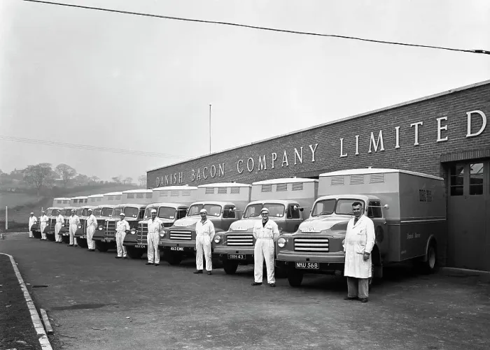 Framed Print : Bedford delivery lorries at the Danish Bacon Co, Kilnhurst, South Yorkshire, 1957 Framed Print : Bedford delivery lorries at the Danish Bacon Co, Kilnhurst, South Yorkshire, 1957