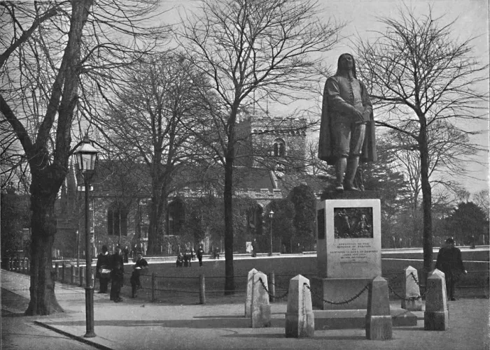 Framed Print : Bedford: St. Peters Church and the Bunyan Statue, c1896. Artist: Poulton & Co Framed Print : Bedford: St. Peters Church and the Bunyan Statue, c1896. Artist: Poulton & Co